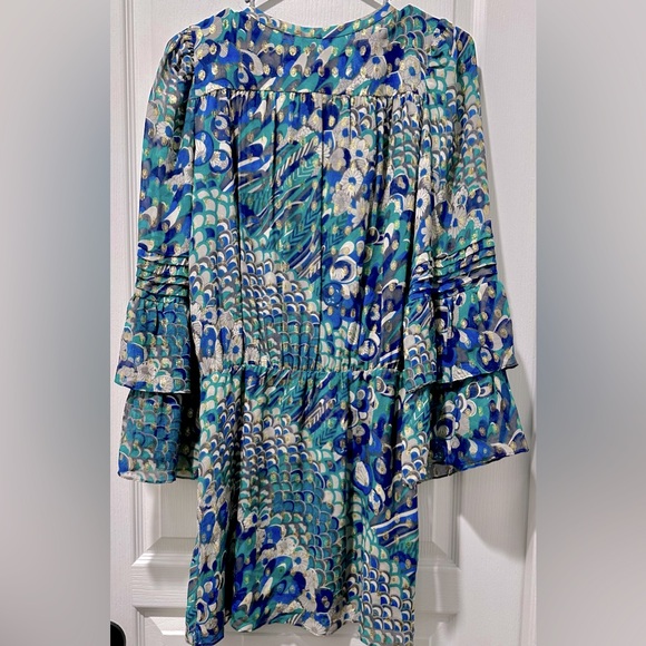 Parker Bohemian Metallic Floral & Sea Motif  Tiered Bell Sleeves Silk Mini Dress - Picture 6 of 8